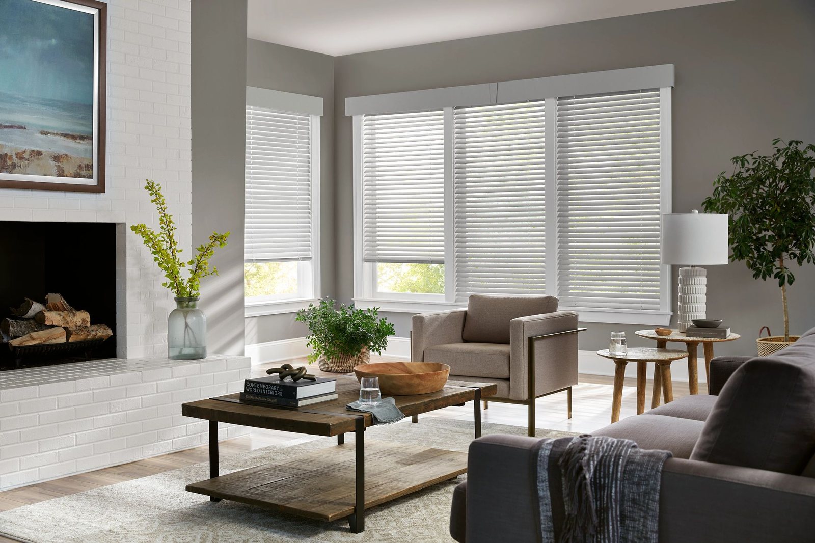 White wood blinds in a living room