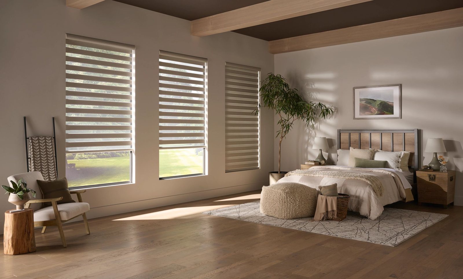 Zebra shades in a neutral bedroom